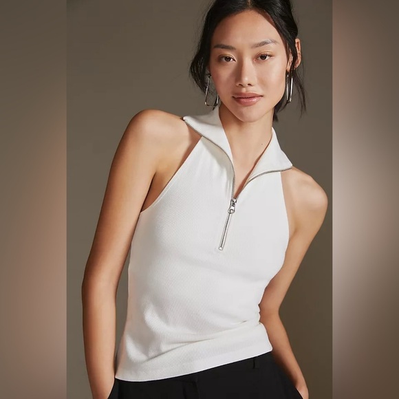 Anthropologie Maeve Quarter-Zip Halter Top Creamy White  XS Ribbed Knit. 17 - Picture 2 of 11